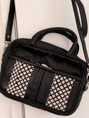 Moroccan Artisan Handmade Leather Briefcase & Inset Handwoven Rug Pattern